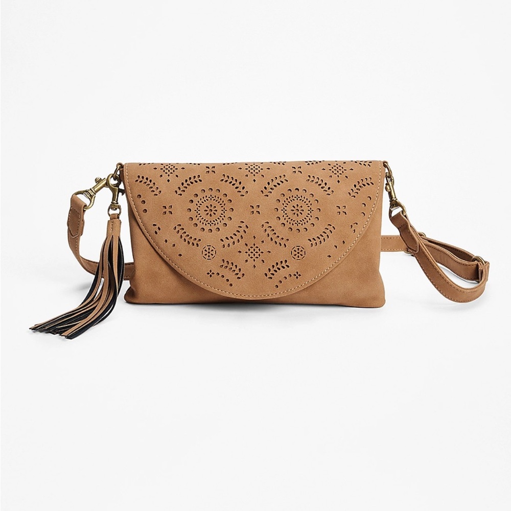 Maurices Tan Clutch with Laser-Cut Design and Tassel